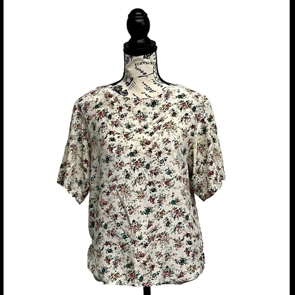 VINTAGE KRIS DEE 80s SILK SATIN MICRO FLORAL BLOUSE  CREAM S HAWAII PREPPY MICRO - Picture 1 of 8